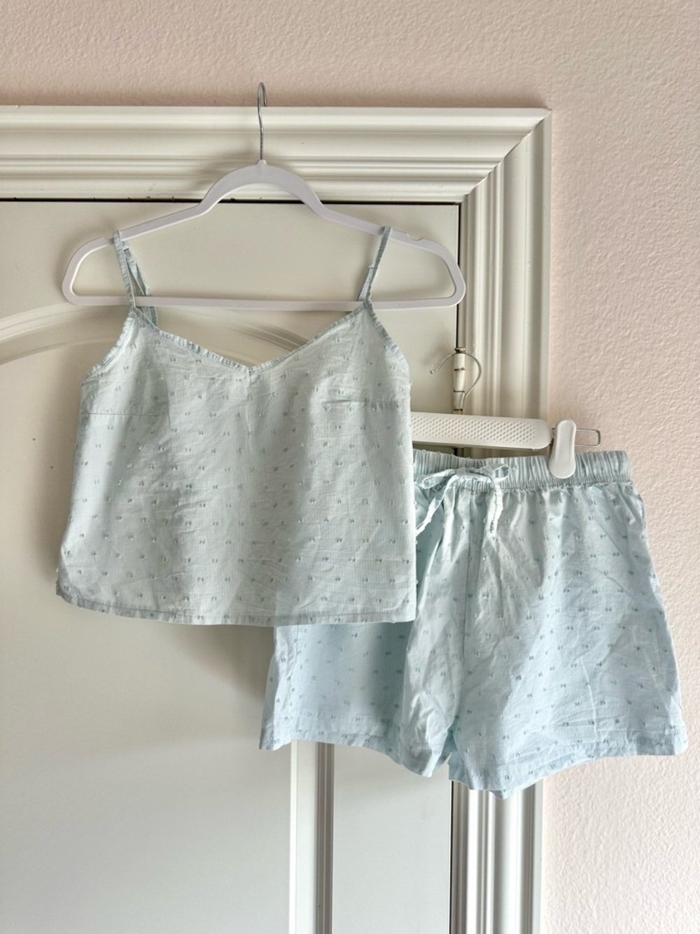 Light Blue Swiss Dot Cotton Camisole & Shorts Sleep Set